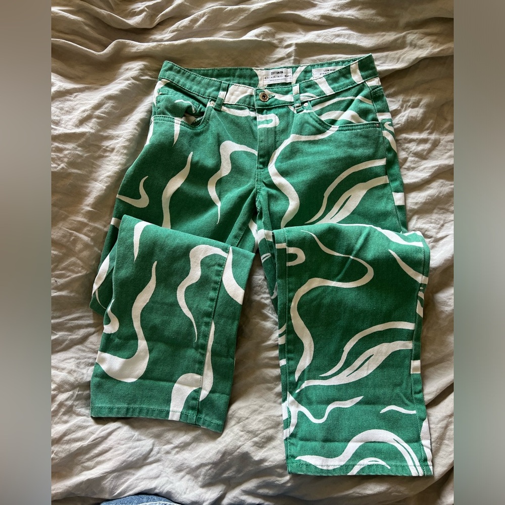 Cotton On Low Rise Green and White Swirl Straight Jeans sz4 - Picture 3 of 13